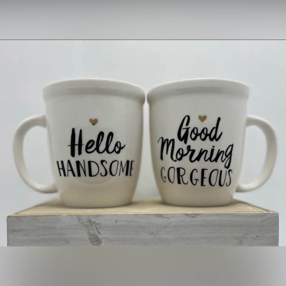 Set of 2 Hello Handsome & Good Morning Gorgeous Coffee Mugs Natural Life 12oz